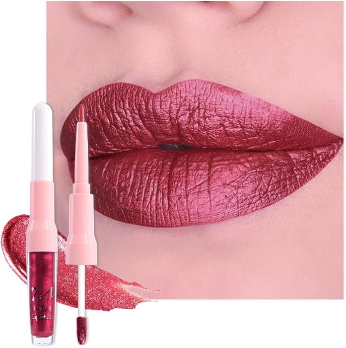 evpct Burgundy Plum Red Metallic Glitter Lip Liner and Lipstick Combo Lip Gloss Stain Set Makeup ... | Amazon (US)