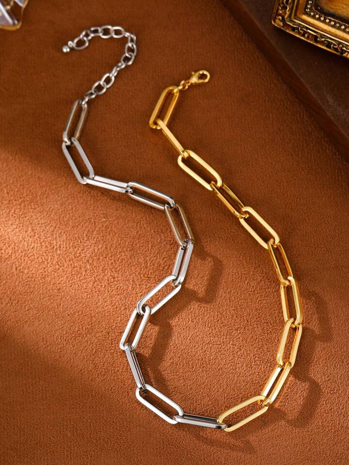 Fashion Golden Silvery Patchwork Stainless Steel Necklace Women Men Retro Hip Hop Chain Choker Ne... | SHEIN