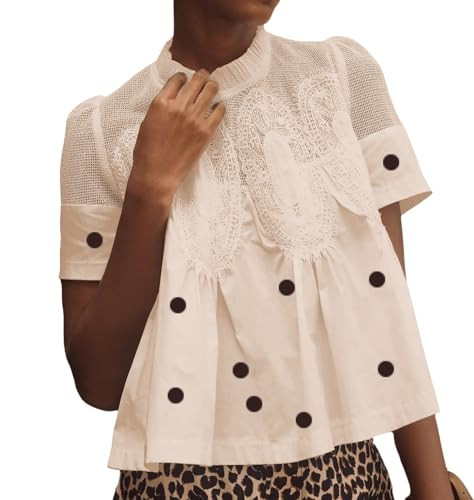 Women\u2019s Lace Flared Short Sleeve Blouse Lace Poplin Ruffle Mesh Crew Neck Swing Babydoll Top... | Amazon (US)