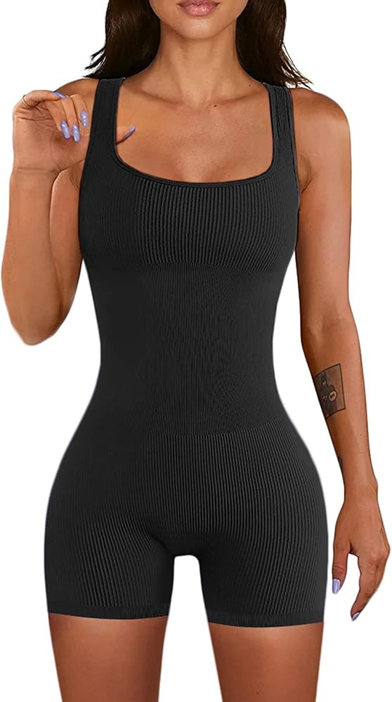 QINSEN Seamless Romper for Women Ribbed Workout Square Neck Padded Bra One Piece Short Jumpsuit | Amazon (US)