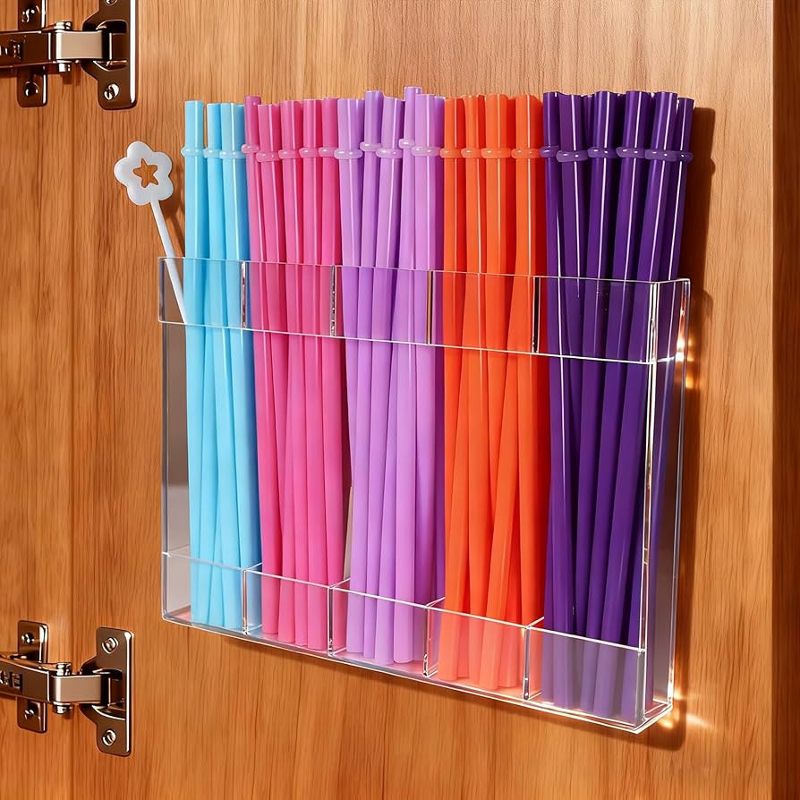9.6” Large Acrylic Straw Holder for Cabinet Door with Detachable Ultra Sticky Adhesive Squares ... | Amazon (US)