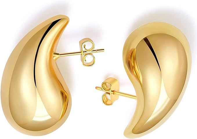 Chunky Gold Hoop Earrings for Women, Lightweight Teardrop Hoops Earrings with 18K Real Gold Plate... | Amazon (US)