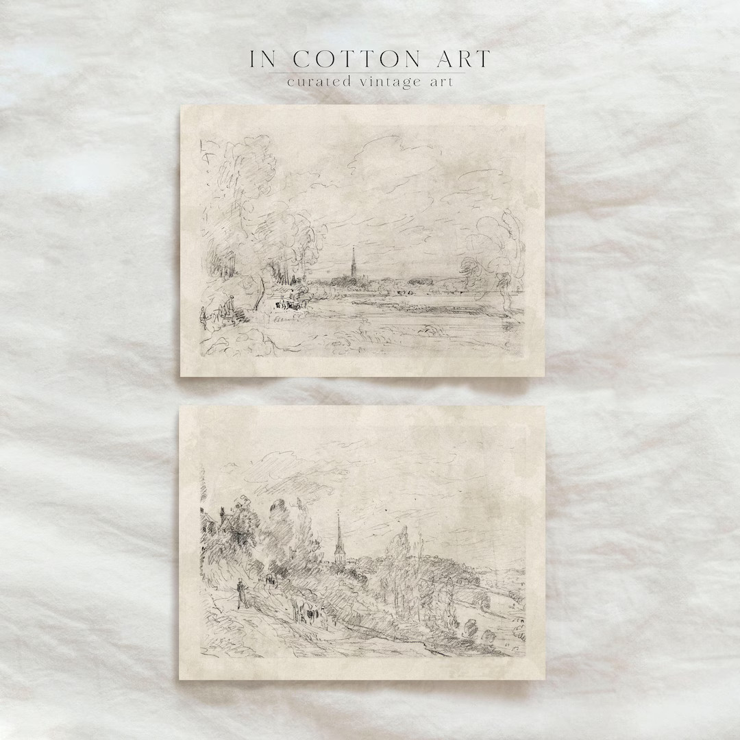 Vintage Minimalist Drawing Set of 2 / Neutral Off-white Landscape Sketch Art PRINTABLE / Classic ... | Etsy (US)