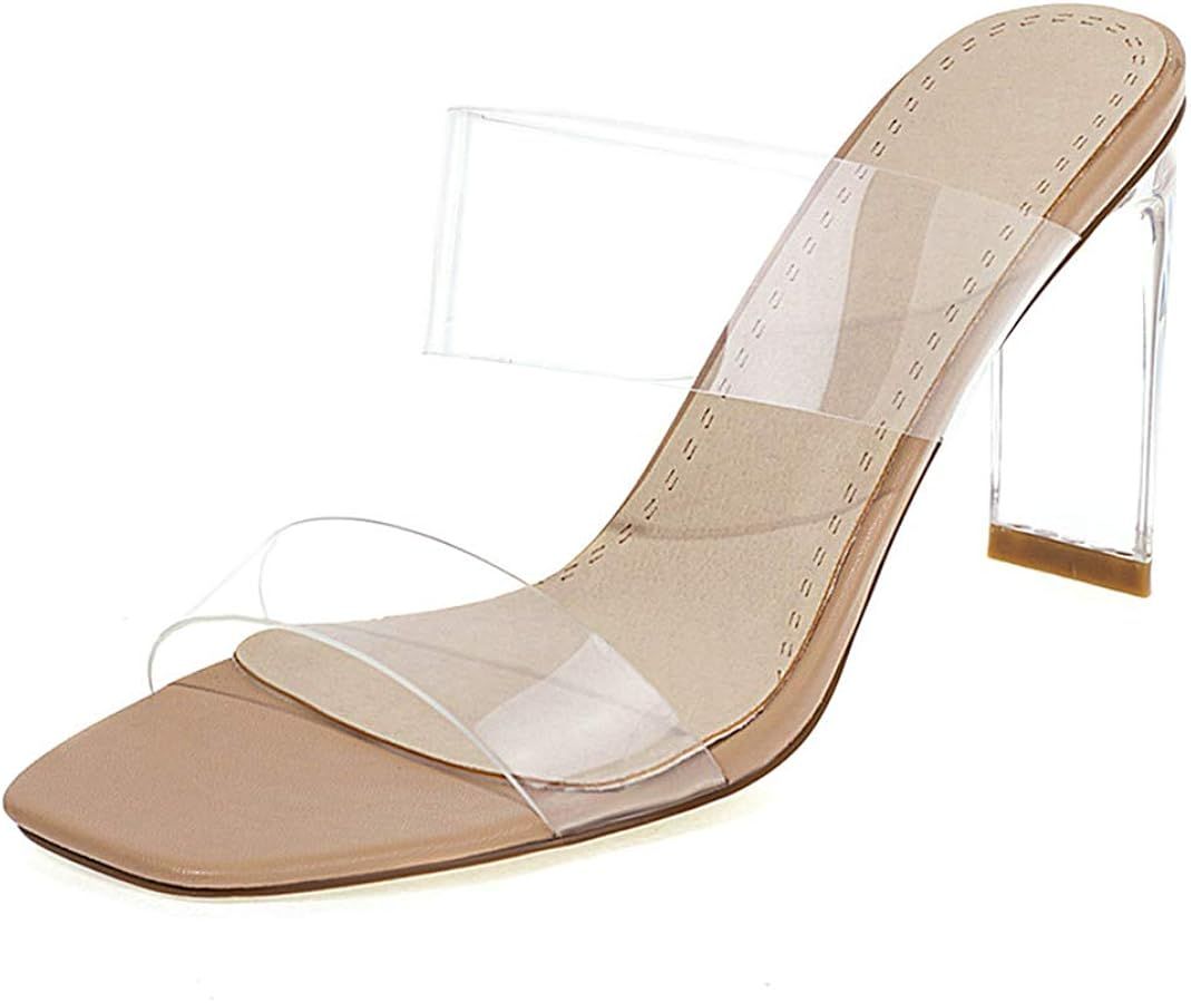 Amazon.com | heelchic Women Slip On Transparent Clear Heels Stylish Sexy Clear Heeled Sandals Chu... | Amazon (US)