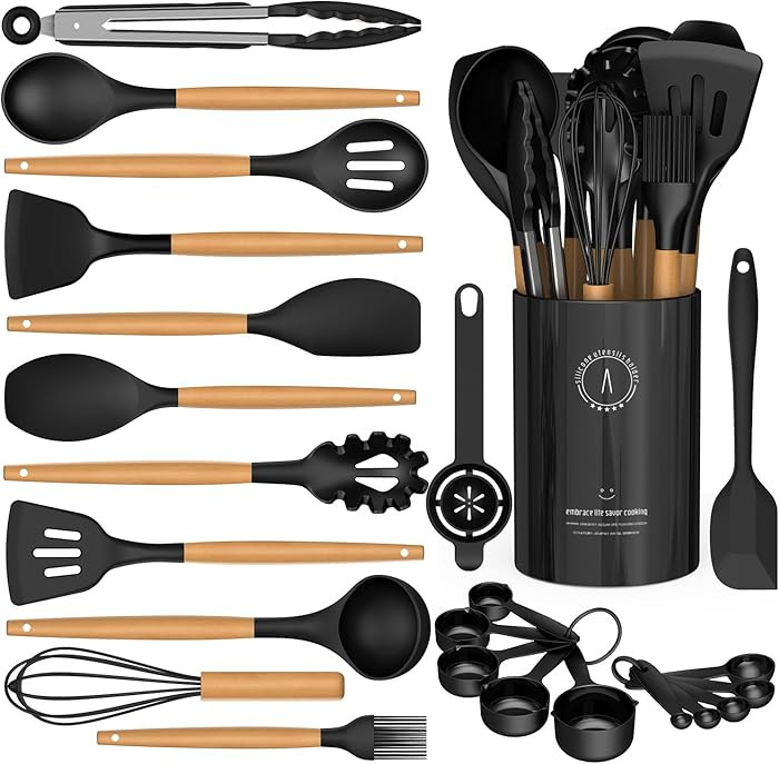 Silicone Cooking Utensils Set - AVGPD Silicone Kitchen Utensils for Cooking Wooden Handles, 446°... | Amazon (US)