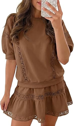 Fisoew 2 Piece Skirt Sets for Women Lace Trim Outfit Short Puff Sleeve Cute Sets Coquette Summer ... | Amazon (US)