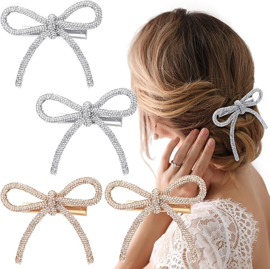 4 Pcs Bow Hair Clips Sparkly Crystal Rhinestone Bling Bowknot Clips Silver and Gold Barrette Hair... | Amazon (US)