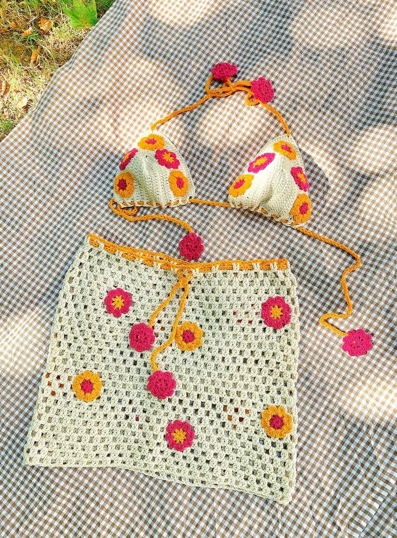Handknit Flower Crochet Bikini Skirt Set,Summer Knit Dress,Boho Festival Outfit,Crochet Beach Wea... | Etsy (US)