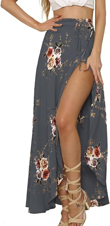 Womens Boho Floral Tie Up Waist Summer Beach Wrap Cover Up Maxi Skirt | Amazon (US)