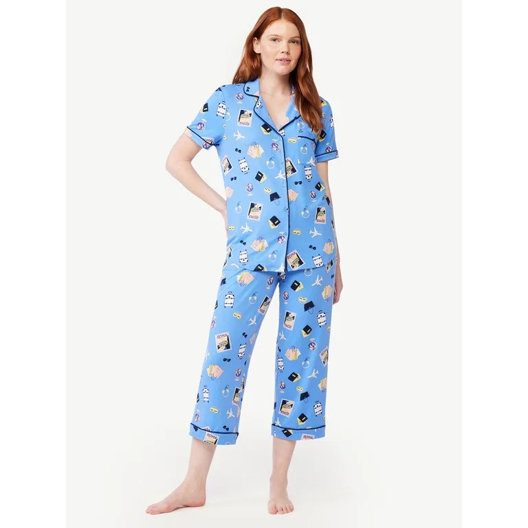 Joyspun Women's Knit Notch Collar Top and Capris Sleep Set, 2-Piece, Sizes S to 5X | Walmart (US)