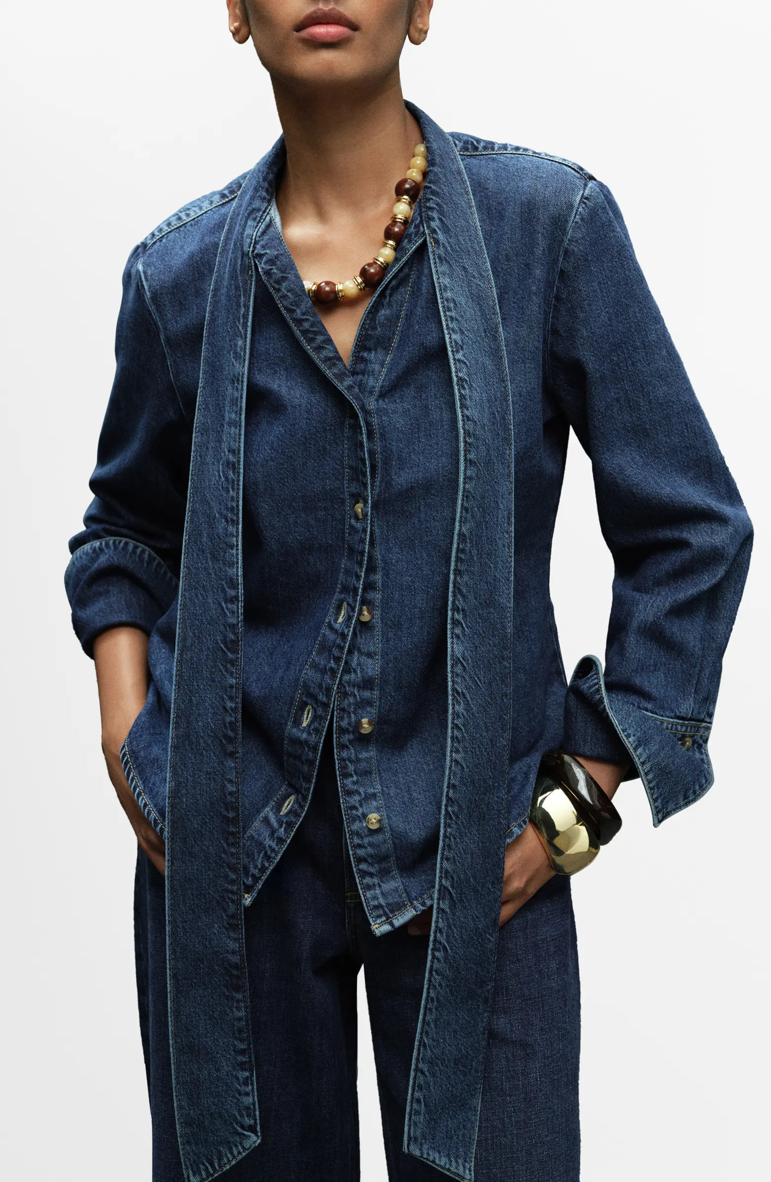 MANGO Rue Tie Neck Denim Button-Up Shirt | Nordstrom | Nordstrom