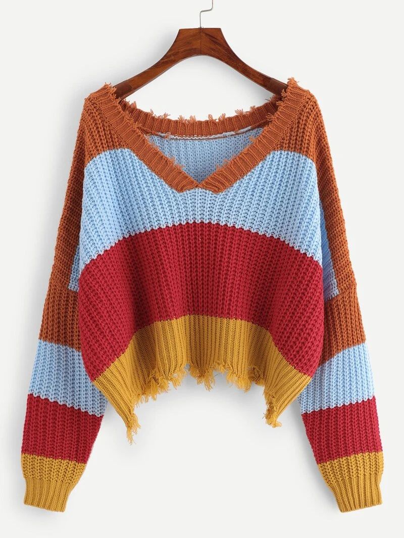 Color Block Raw Hem Sweater | ROMWE