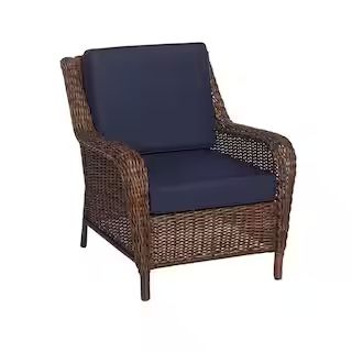 Hampton Bay Cambridge Brown Wicker Outdoor Patio Lounge Chair with CushionGuard Midnight Navy Blu... | The Home Depot