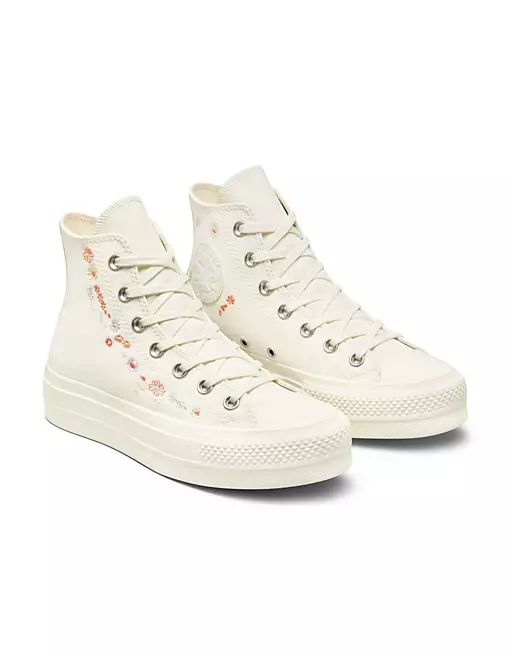 Converse Chuck Taylor All Star Hi Lift Things To Grow embroidered canvas platform sneakers in off... | ASOS (Global)