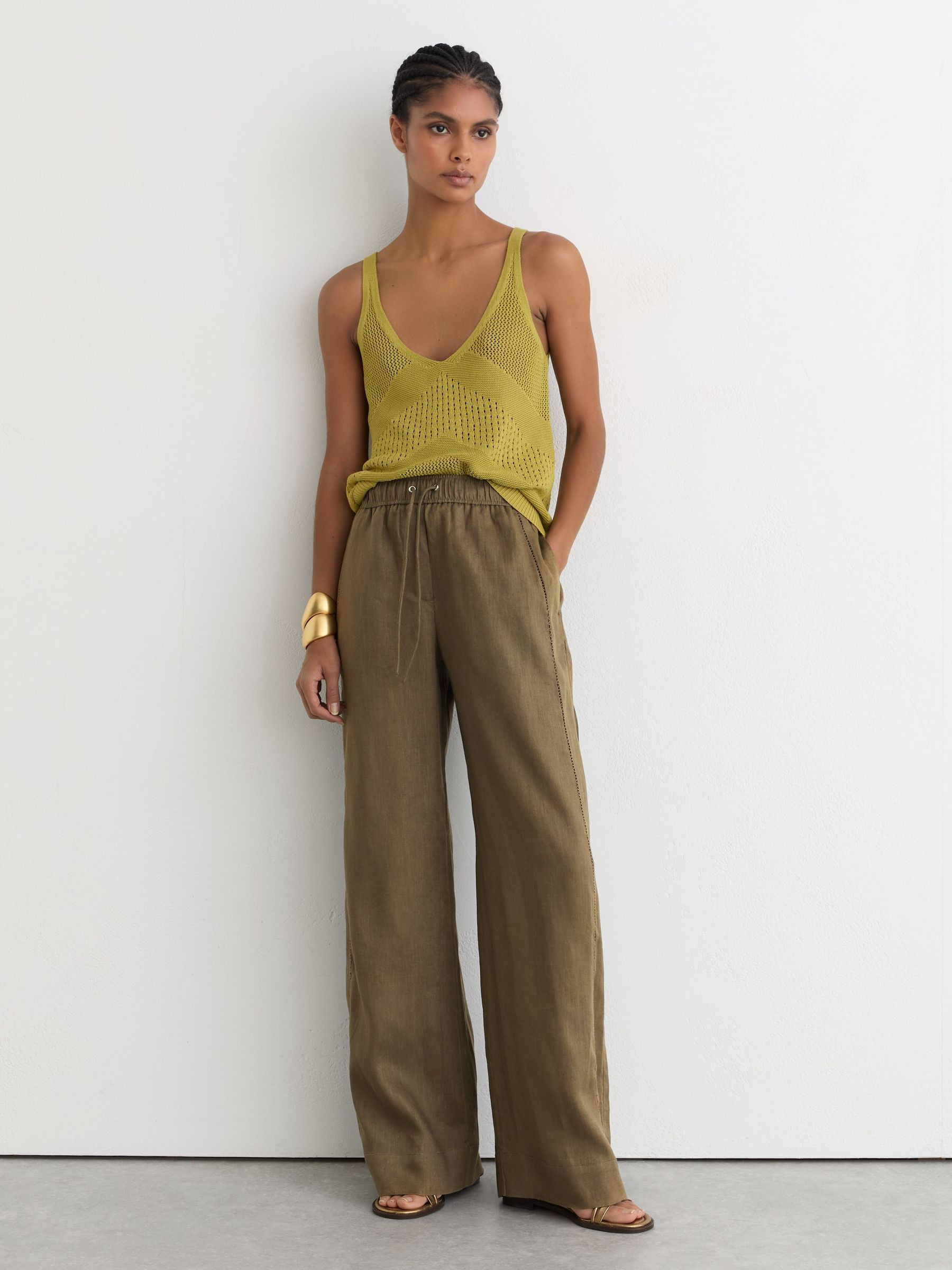 Reiss Linen Ladder-Embroidery Wide-Leg Trousers in Khaki Green | REISS | Reiss DE