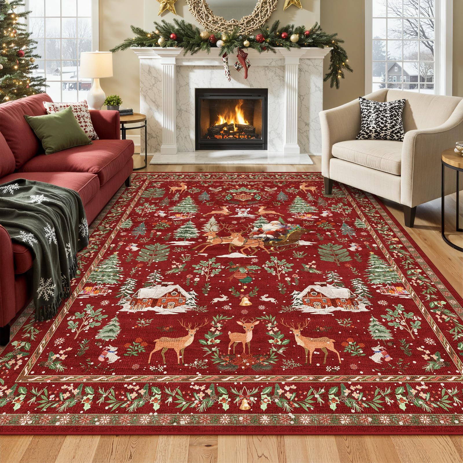 Lahome Christmas Rug for Living Room, 8x10 Soft Large Rug for Bedroom, Christmas Tree Santa Claus... | Amazon (US)