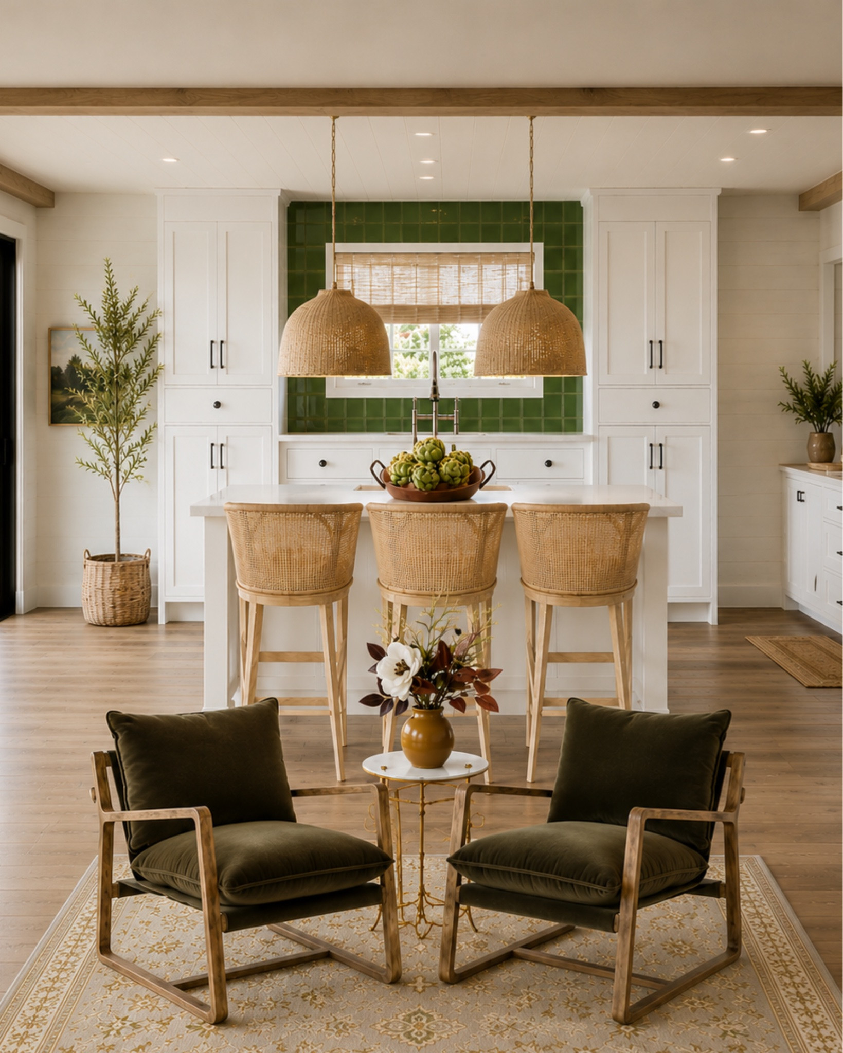 A kitchen design with a pop of green and natural textures

#LTKdayinmylife #LTKHome #LTKSaleAlert