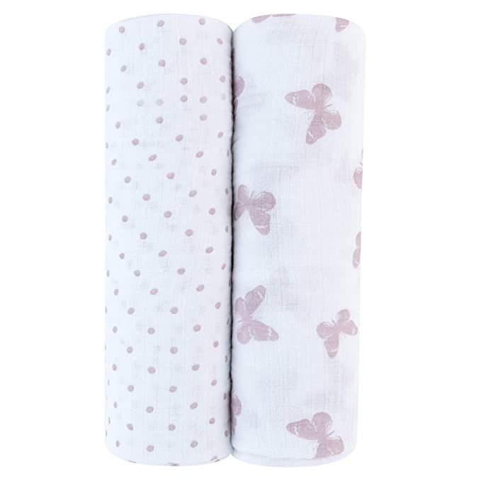 Adrienne Vittadini Bambini Muslin Cotton Swaddles 2 Pack Lavender Butterfly & Dots, Lavender (AVB... | Amazon (US)