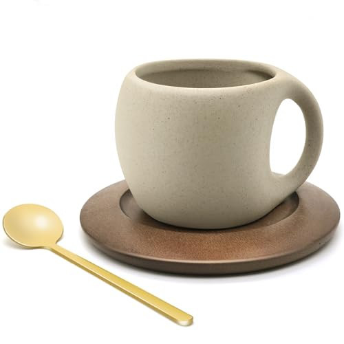 Ceramic Coffee Mug Set with Natural Wood Saucer & Spoon - 8.5 Oz Elegant Tea Cups for Latte, Hot Tea, Cappuccino, Milk - Microwave & Dishwasher Safe Cups for Men Women Birthday Christmas Gifts | Amazon (US)