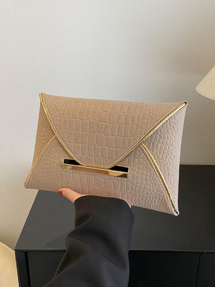 Crocodile Embossed Contrast Binding Envelope Bag | SHEIN