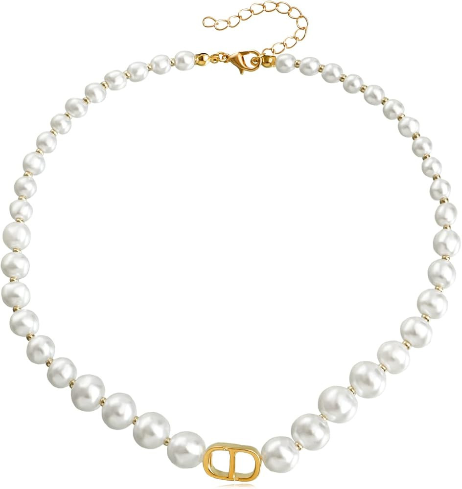 Pearl Choker Letter Necklace for Women, 18K Gold Plated Initial Pendant with Faux Pearls, Dainty ... | Amazon (US)