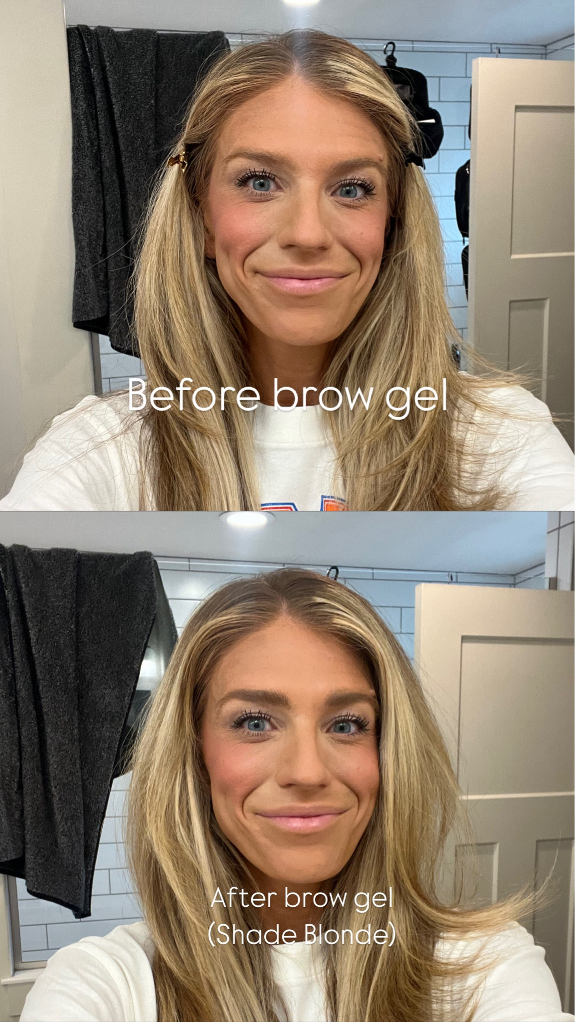Shade blonde in brow gel and shade 3 in tinted serum. Clean makeup! 
Size small in tee! 