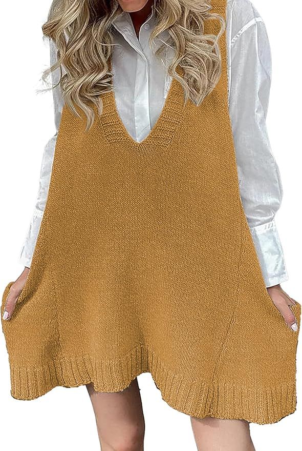 Hotouch Sweater Vests Oversized V Neck Sleeveless Knit Cute Pullover Top Swing Ribbed Knitwear wi... | Amazon (US)