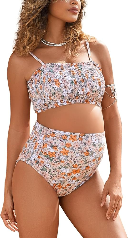 Bhome Maternity Swimsuit Two Pieces Adjustable Spaghetti Straps Smocked Bandeau Top with High Wai... | Amazon (US)