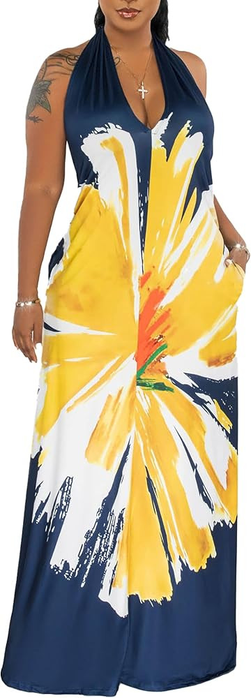 Womens Sexy Summer Dresses Halter Neck Plus Size Long Maxi Dress Casual Floral Beach Sun Dresses ... | Amazon (US)