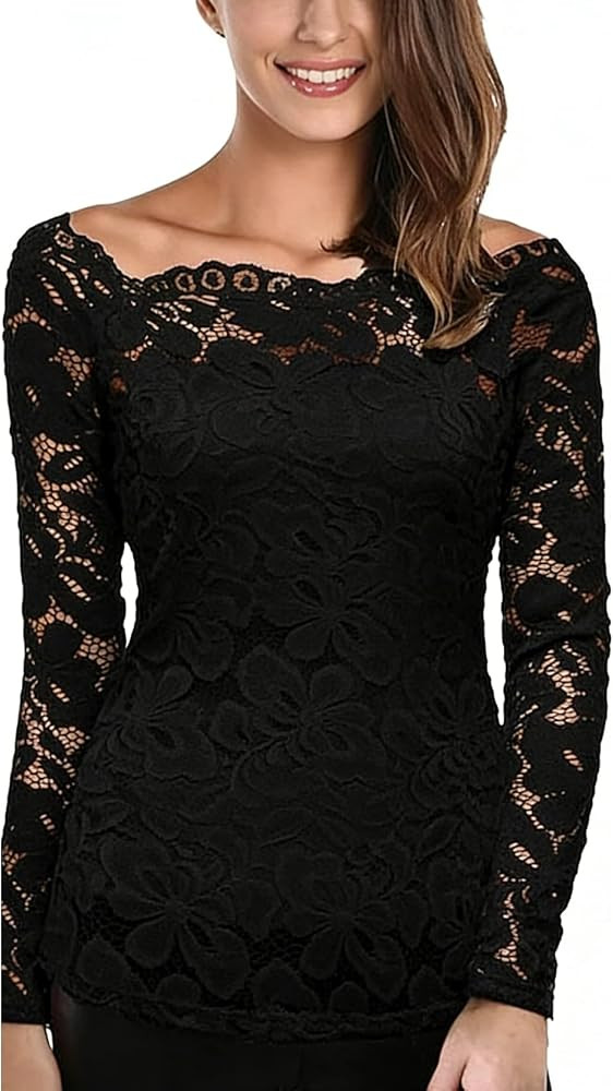 DJT Women's Lace Off-Shoulder Floral 7/8 Long Sleeve Top with Lining - Fitted Casual Blouse for P... | Amazon (US)