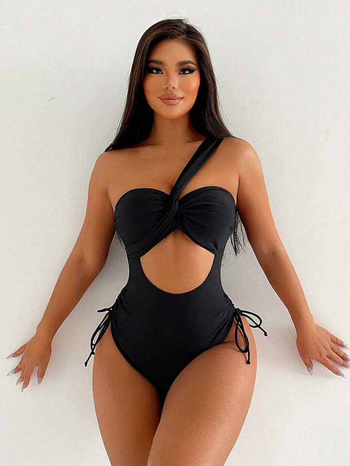 SHEIN Swim Summer Beach One Shoulder Hollow Out Drawstring Side Swimsuit | SHEIN