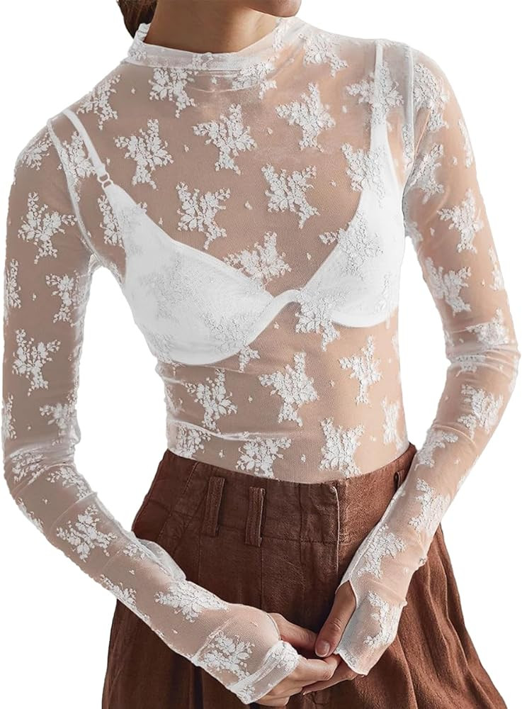 Mesh Sexy Tops for Women Lace Long Sleeve Tops Floral Sheer Blouse See Through Layering Shirts | Amazon (CA)