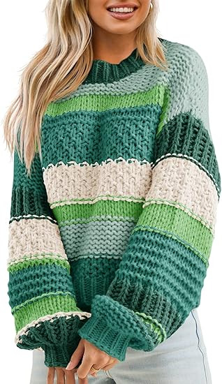 Saodimallsu Womens Color Block Sweater Striped Chunky Knit Cropped Sweaters Crewneck Fall Long Sl... | Amazon (US)