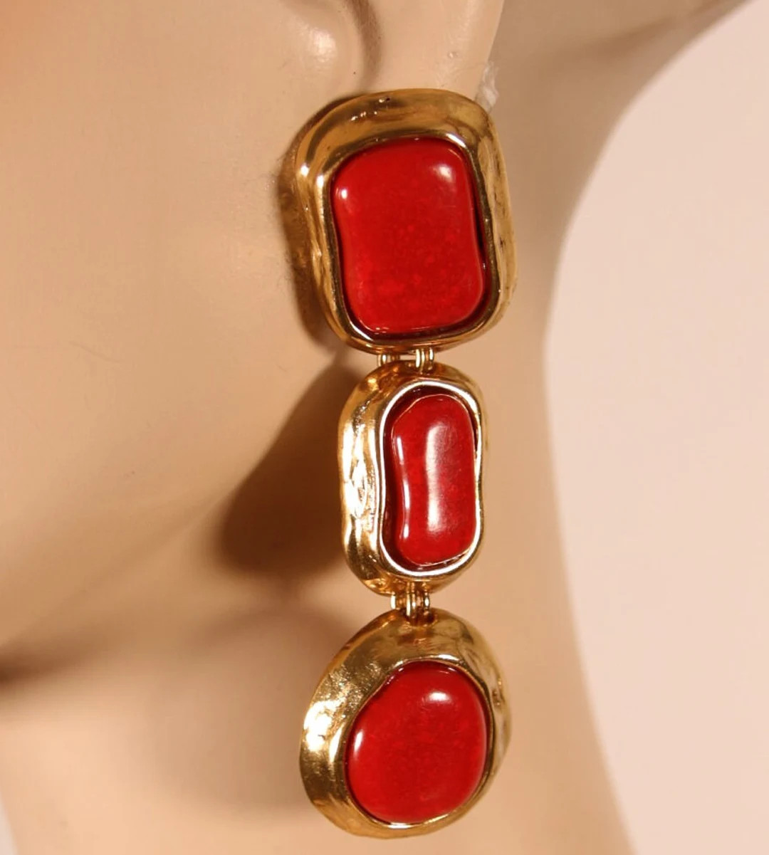 Yves Saint Laurent - jewelry/earrings/clips - gold-tone metal, red resin - vintage 1980s | Etsy (US)