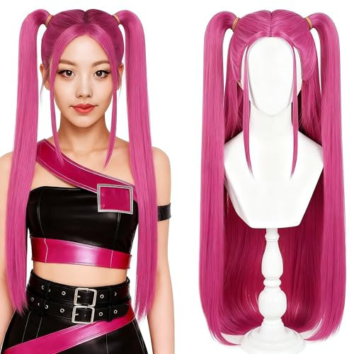 SFYANGXI Long Hot Pink Cosplay Wig with 2 Ponytails - Halloween Cosplay Wigs for Women Costume Party (One size) | Amazon (US)