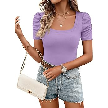 ZESICA Women's Square Neck Puff Sleeve Tops 2025 Summer Ribbed Fitted Casual Work Business Basic ... | Amazon (US)
