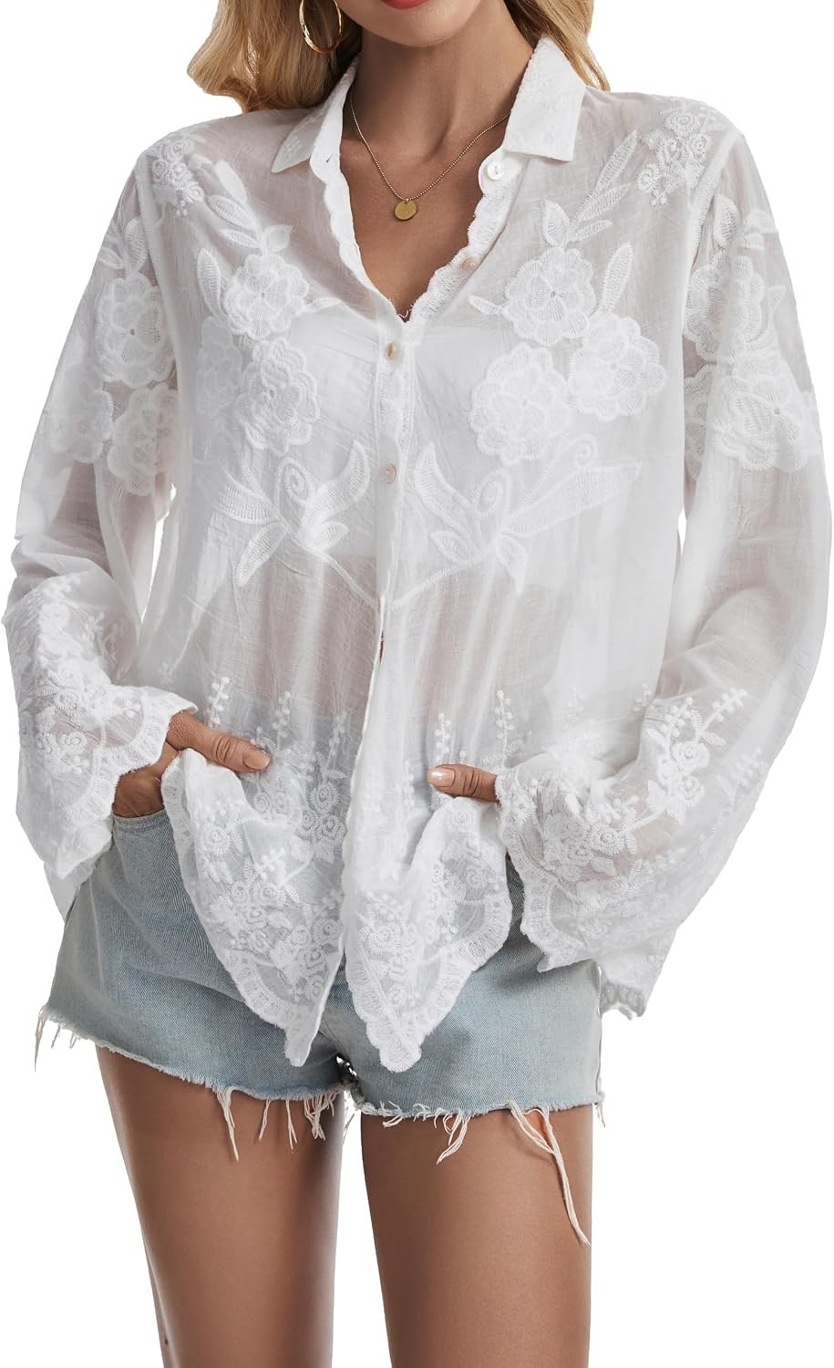 Women's Floral Lace Blouse Long Sleeve Embroidered Button Down Shirt | Amazon (US)
