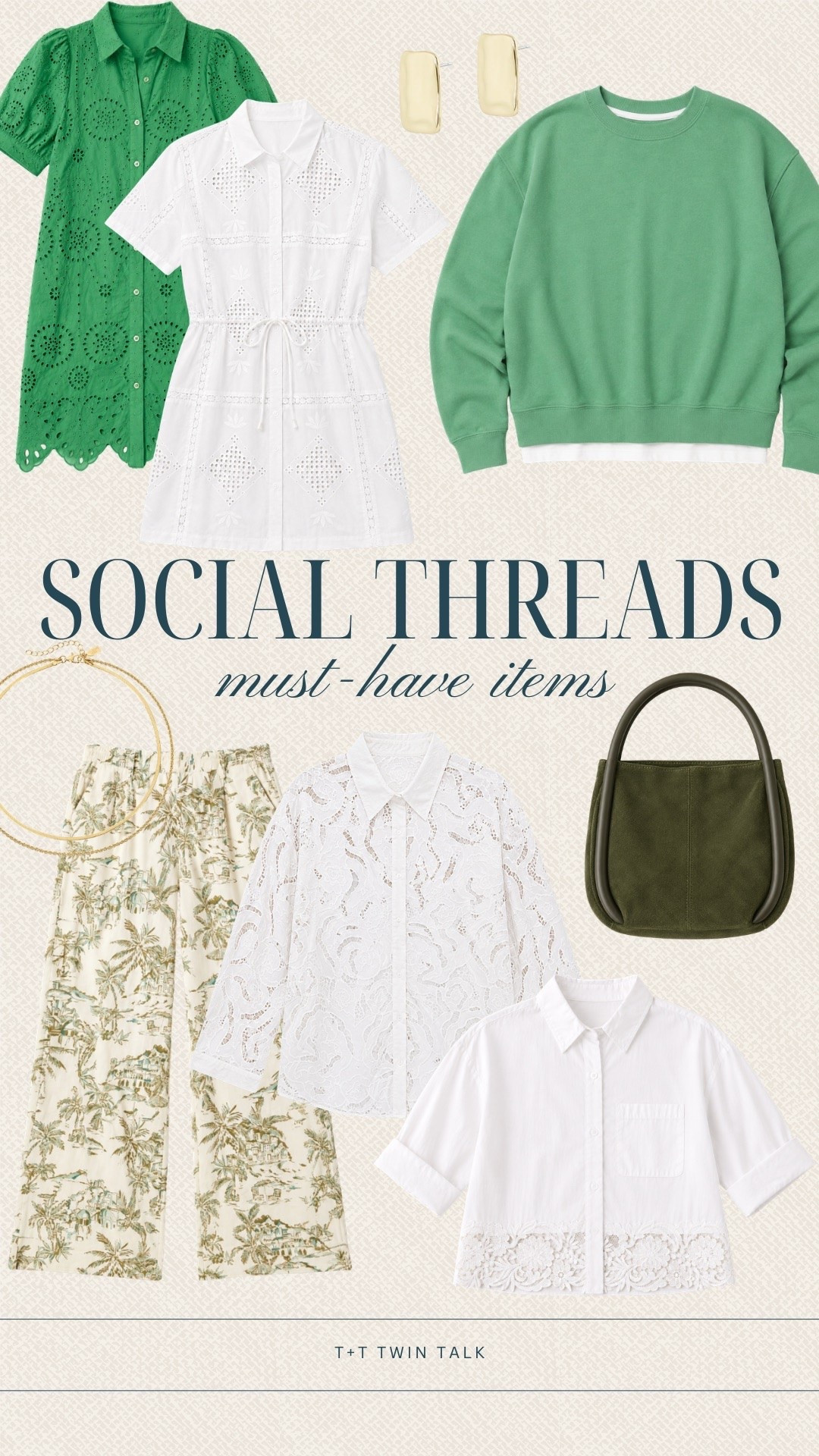 These Social Threads picks have a little bit of everything. From the green eyelet dress and matching sweatshirt to the white tops and printed pants, there's something for every day of the week. The olive bag and gold jewelry bring the whole collection together.

#LTKSeasonal #LTKOver40 #LTKMidsize