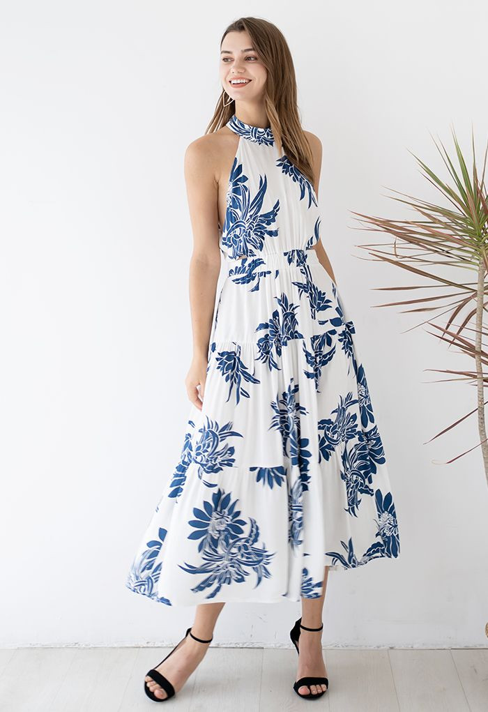 Indigo Floral Cutout Back Halter Neck Dress | Chicwish