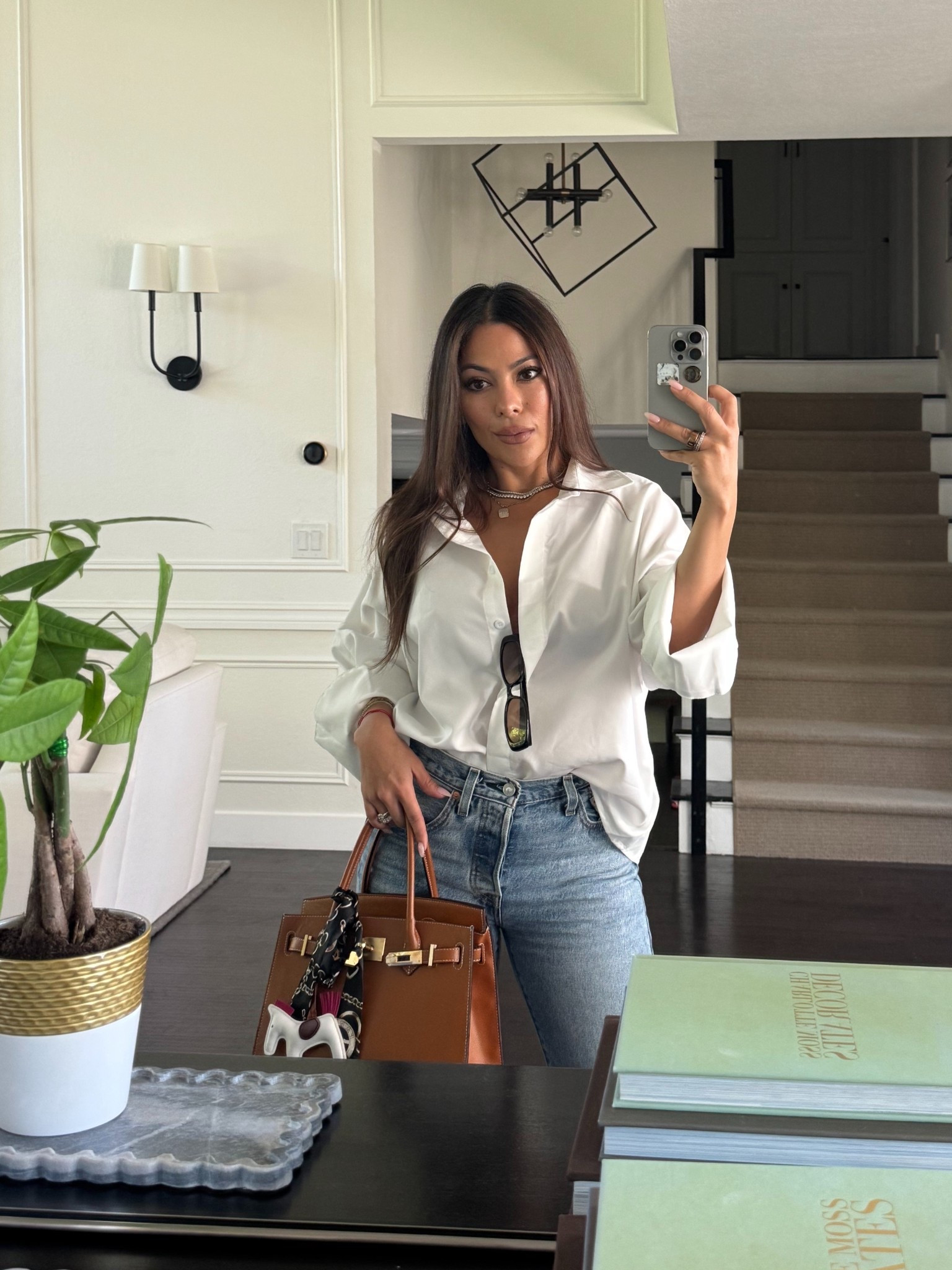 Cute casual - bag is out of stock but tagged a similar one 
Shirt is Aveline but tagged a similar one
