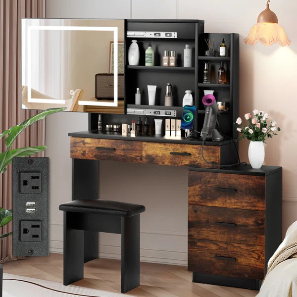 Randale Vanity with Sliding Lighted Mirror and Outlets | Wayfair North America