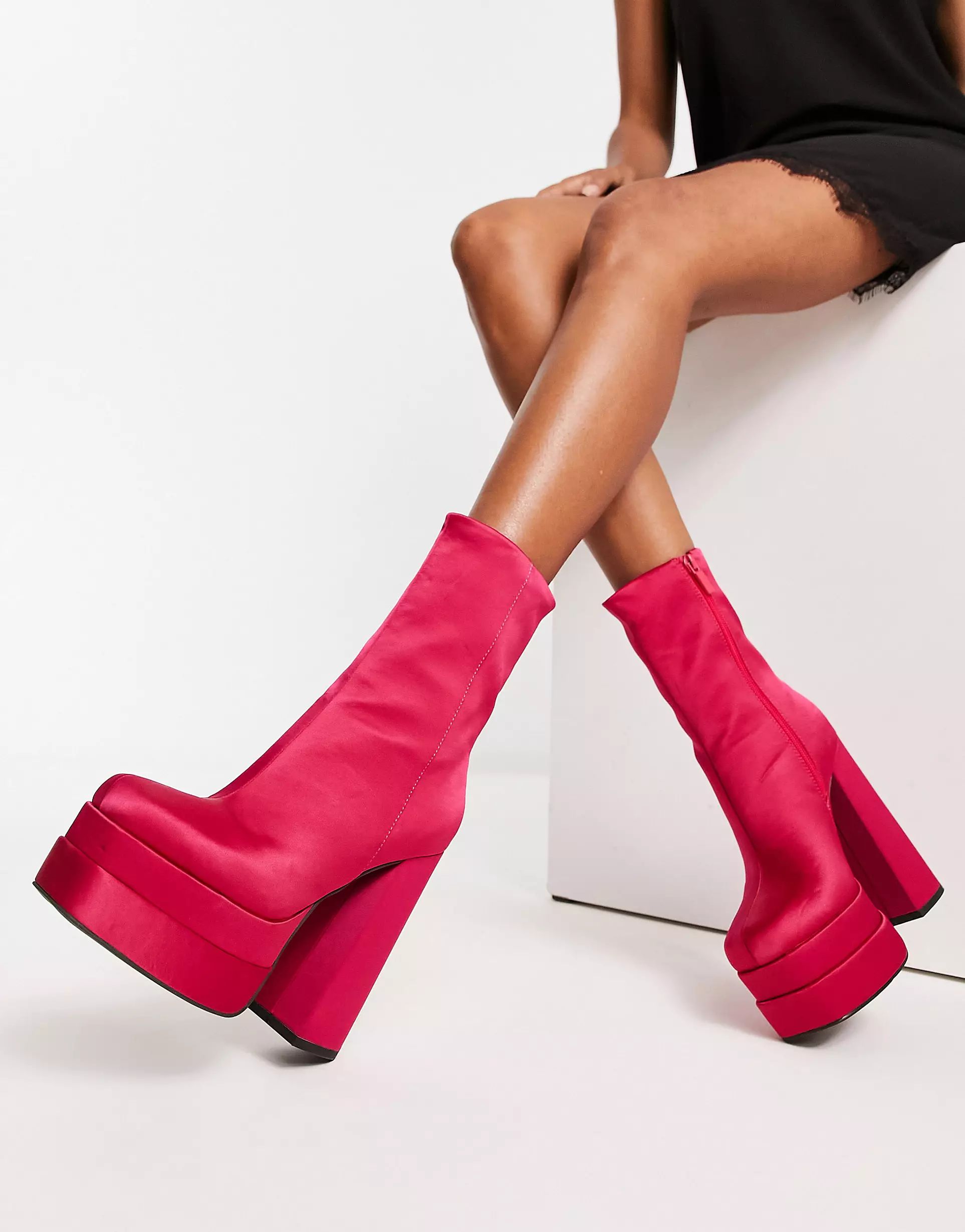 ASOS DESIGN Encore high-heel platform boots in pink satin | ASOS (Global)