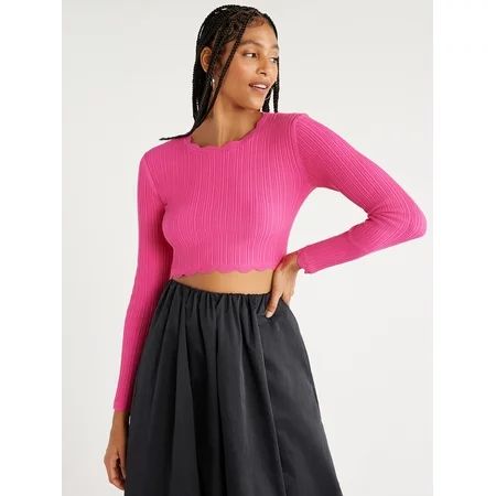 Scoop Women s Cropped Long Sleeve Crewneck Top with Scallop Trim Sizes XS-XXL | Walmart (US)