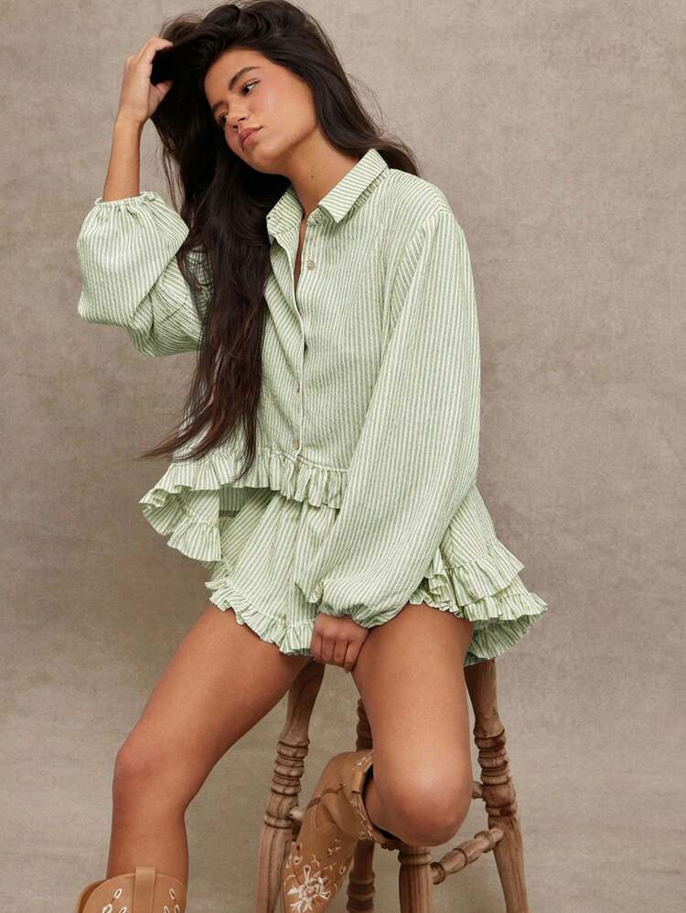 Striped Woven Collared Button Front High-Low Ruffled Shirt & High-Rise A-Line Ruffled Shorts Spring, Resort Wear, Summer, Vacation, Beach, Casual, Cute, Coastal, Cowgirl, Boho, Festival, Country Concert Outfit, Rodeo, Nashville, Western Wear For Women | SHEIN