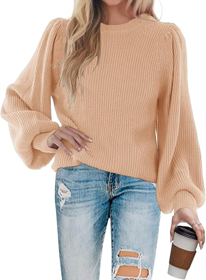 MaQiYa Women's Puff Long Sleeve Sweaters Oversized Crewneck Casual Fall Chunky Knit Loose Fit Pul... | Amazon (US)