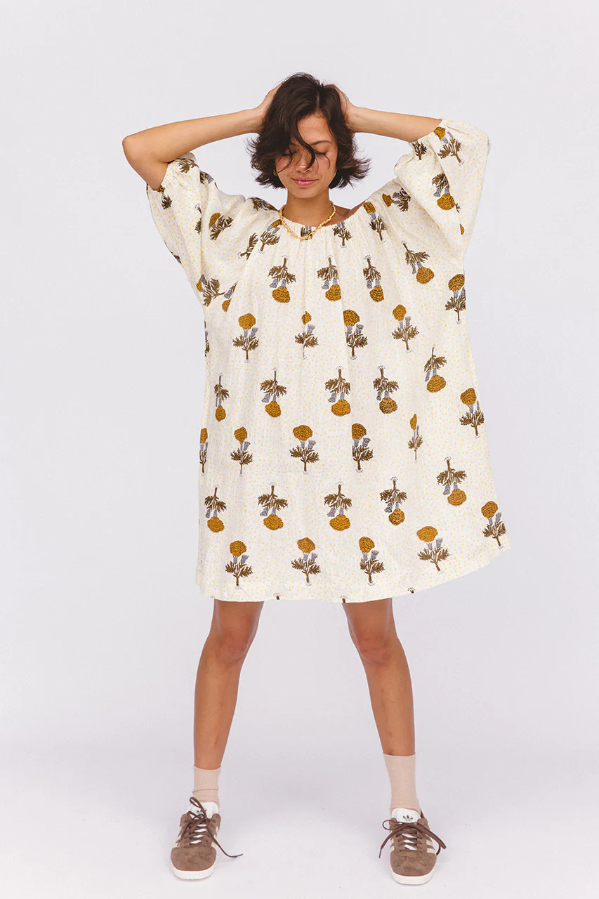 Dahlia Mini Dress ~ Marigold | Ethically Crafted Linen Mini Dress | Daughters of India
