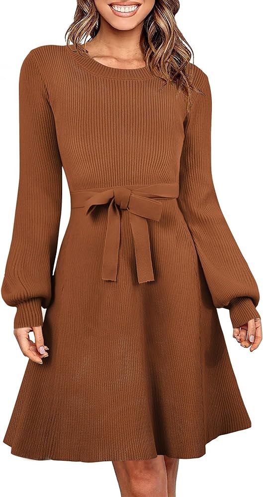 Zwurew Women's Sweater Dress Ribbed Knit Long Sleeve Tie Waist A Line Knee Length Fall Mini Dress... | Amazon (US)