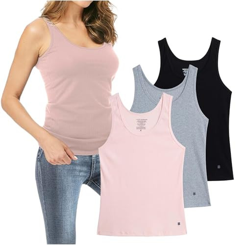 Lucky Brand Women's Tank Top - 3 Pack Stretch Cotton Scoop Neck Ribbed Sleeveless T-Shirt (S-XL), Size Medium, Light Pink | Amazon (US)