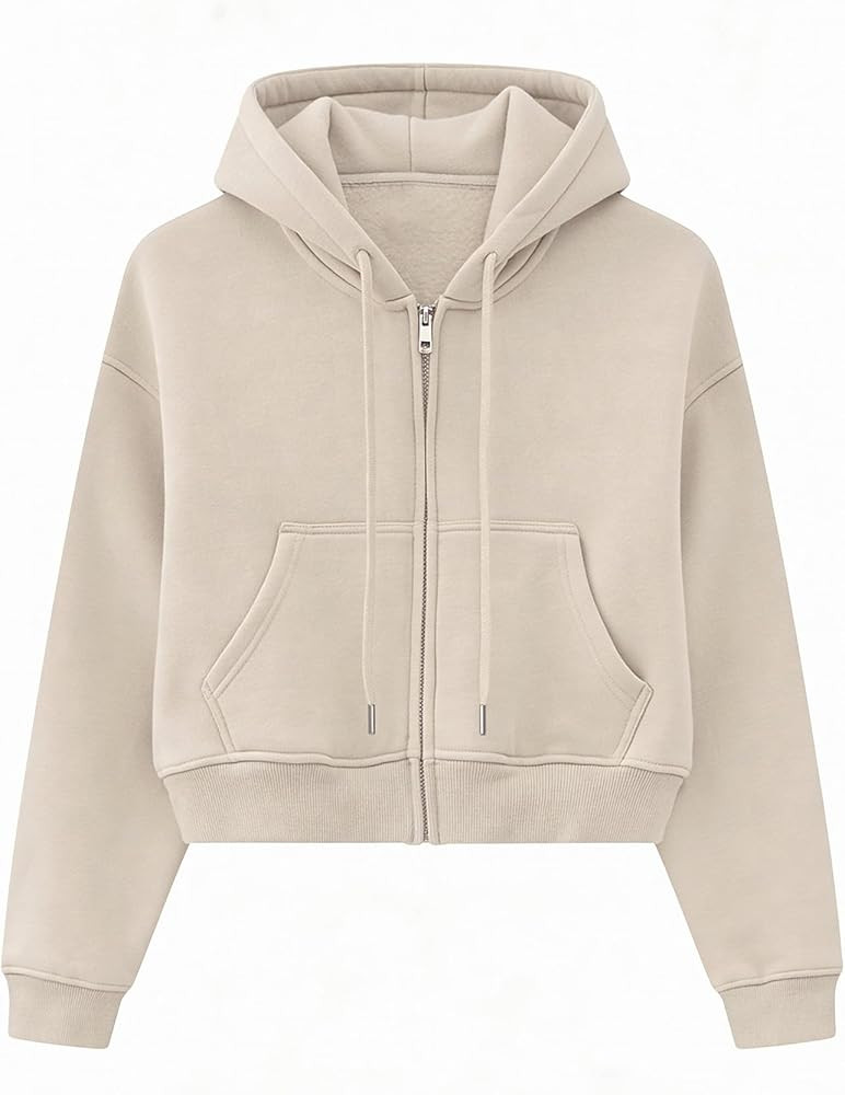 Kissonic Women's Cropped Zip Up Hoodie Fleece Lined Drawstring Crop Tops Sweatshirt Jacket with P... | Amazon (US)