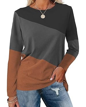Minetom Women's Color Block Tops Casual Long Sleeve Tunic Round Neck Pullover Shirts | Amazon (US)